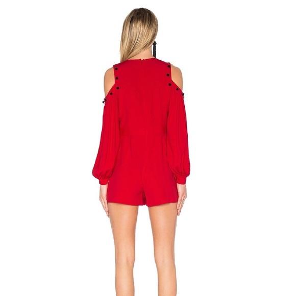 ALEXIS Asher Red Cold Shoulder Button Accent Long Sleeve Shorts Romper - Picture 3 of 12